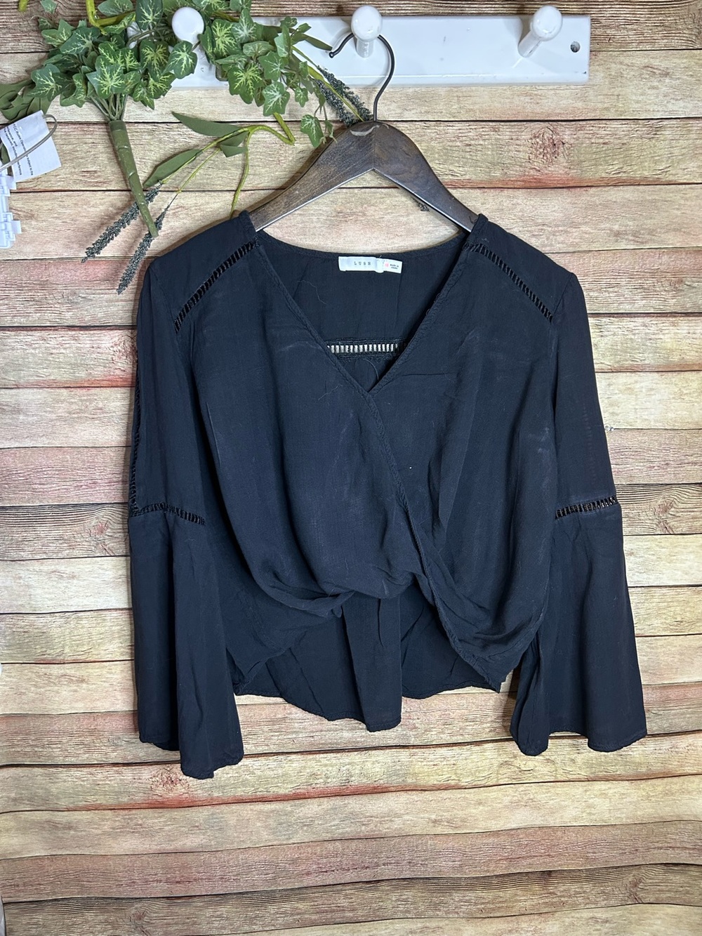 Lush Black Boho Cropped Wrap Blouse Flared Sleeves Women’s Size XS